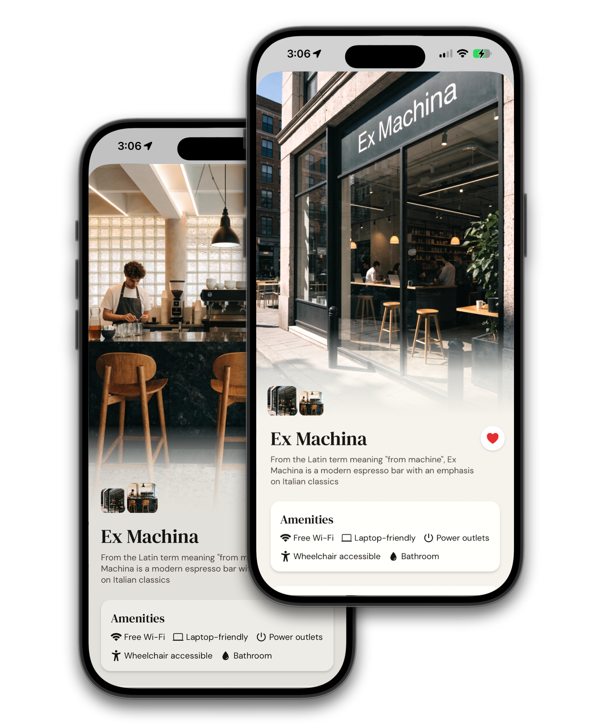 Félist café detail screens showing photos, description, and amenities