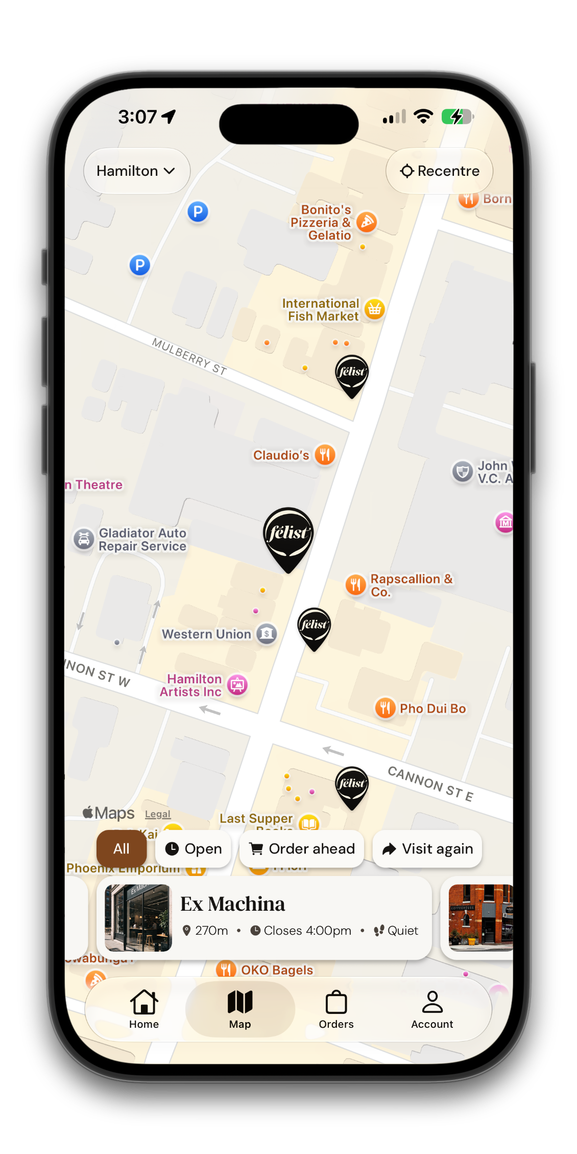 Félist map with nearby independent cafés and filters