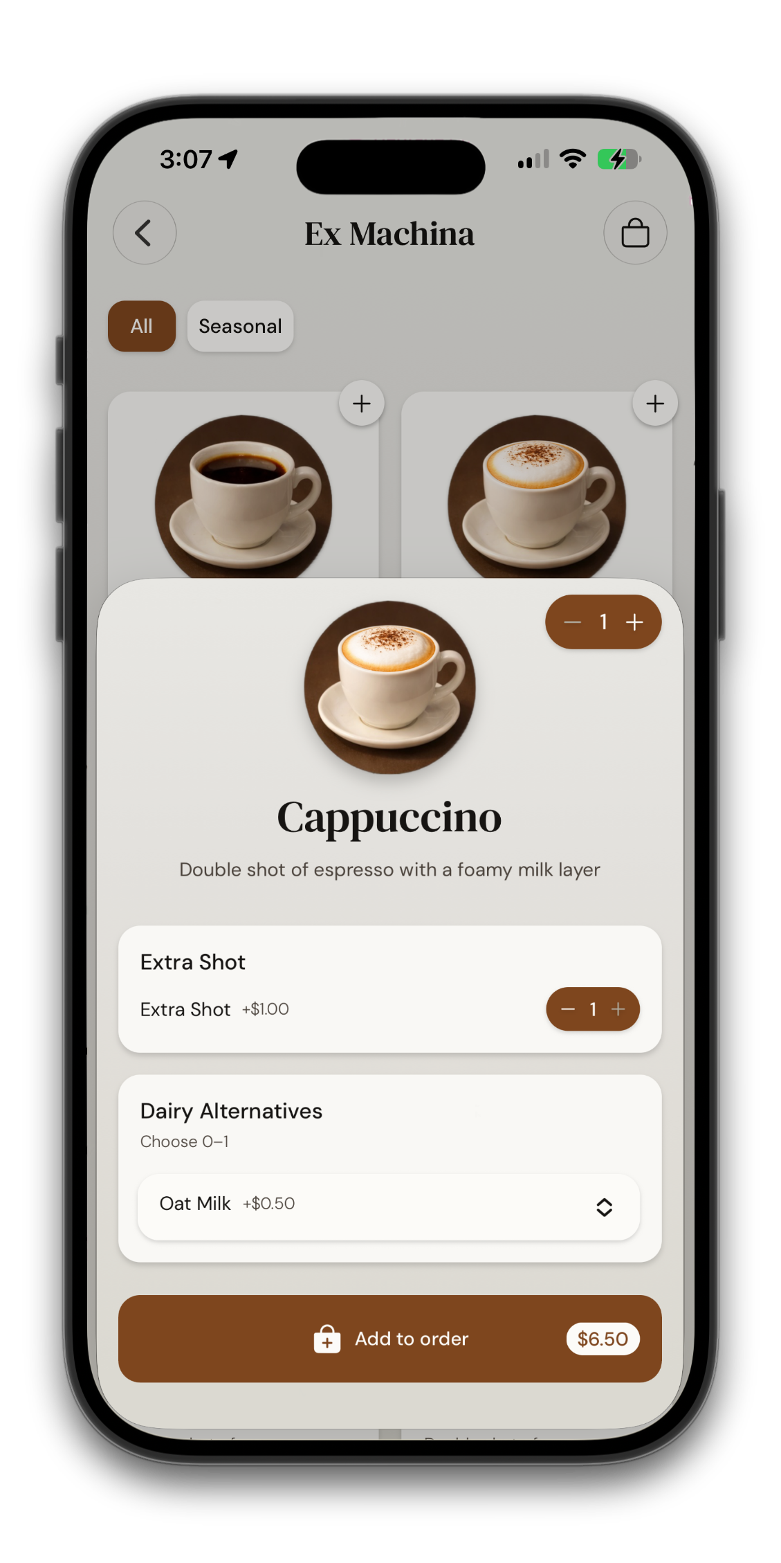 Félist order-ahead screen customizing a cappuccino